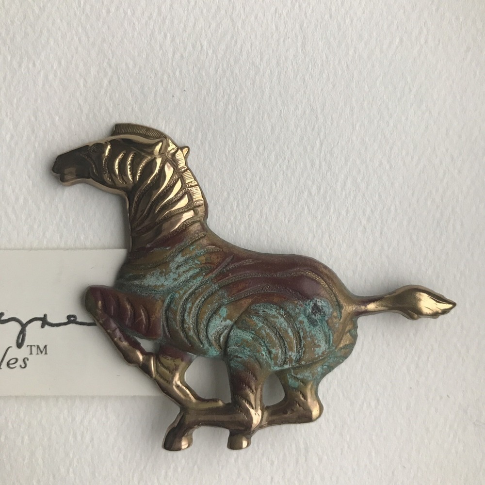 Elaine Coyne Verdigris Patina Brass Galloping Zebra Brooch Pin Africa Artist